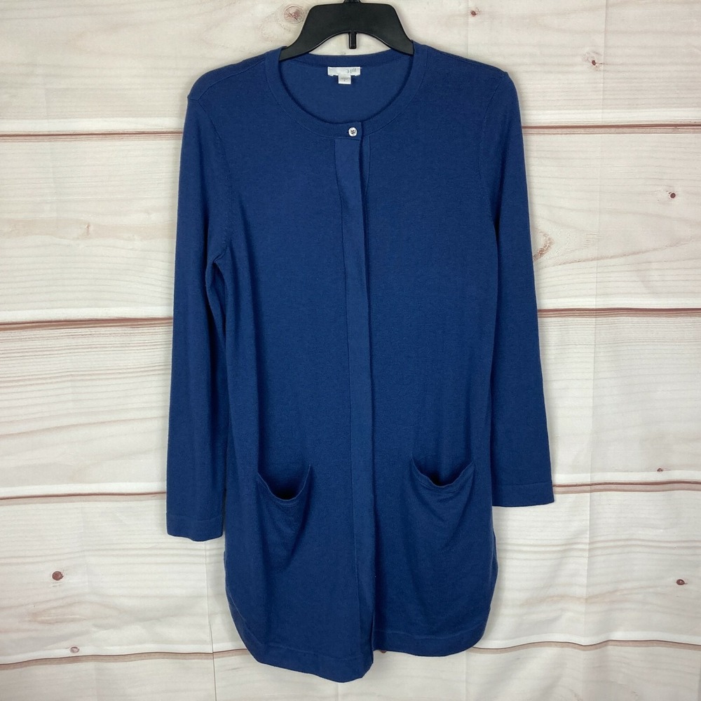 J. Jill Sweater Womens S Blue Button Down Long Cardigan Crew Neck Pockets Knit